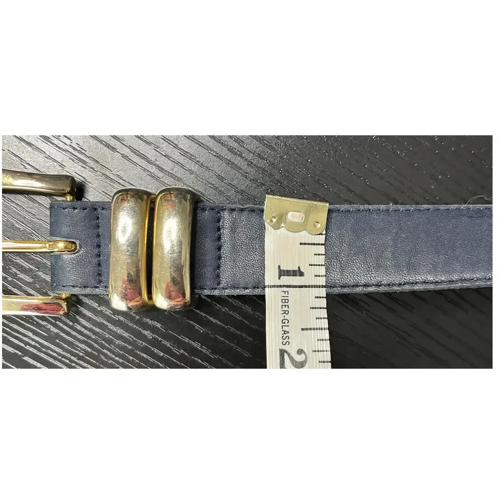 Vintage 90's Classic Navy Blue Leather Belt with Goldtone Buckle and Belt Tip